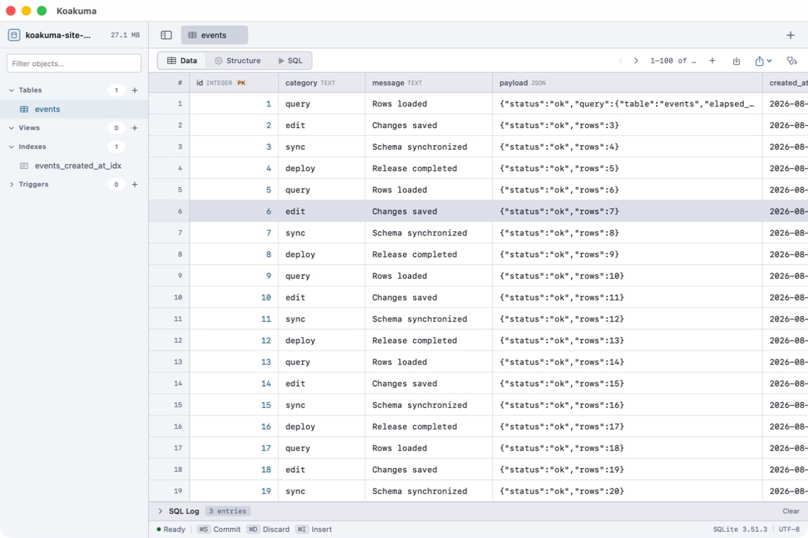 Koakuma data table workspace on macOS